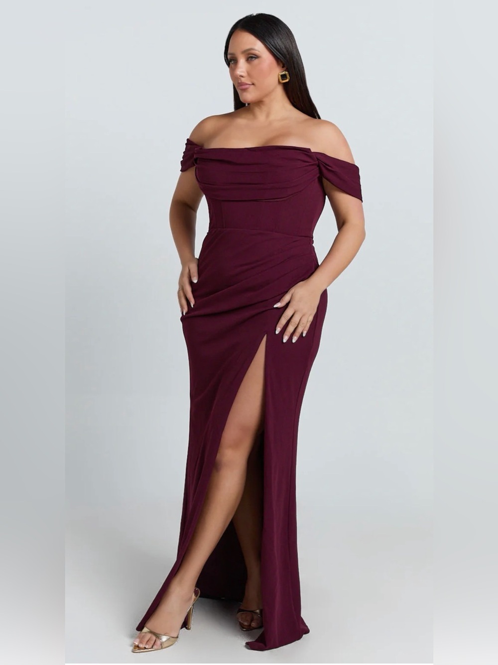 NWT Showpo MARCEL Off-the-Shoulder Corset Evening Gown with Slit in Wine